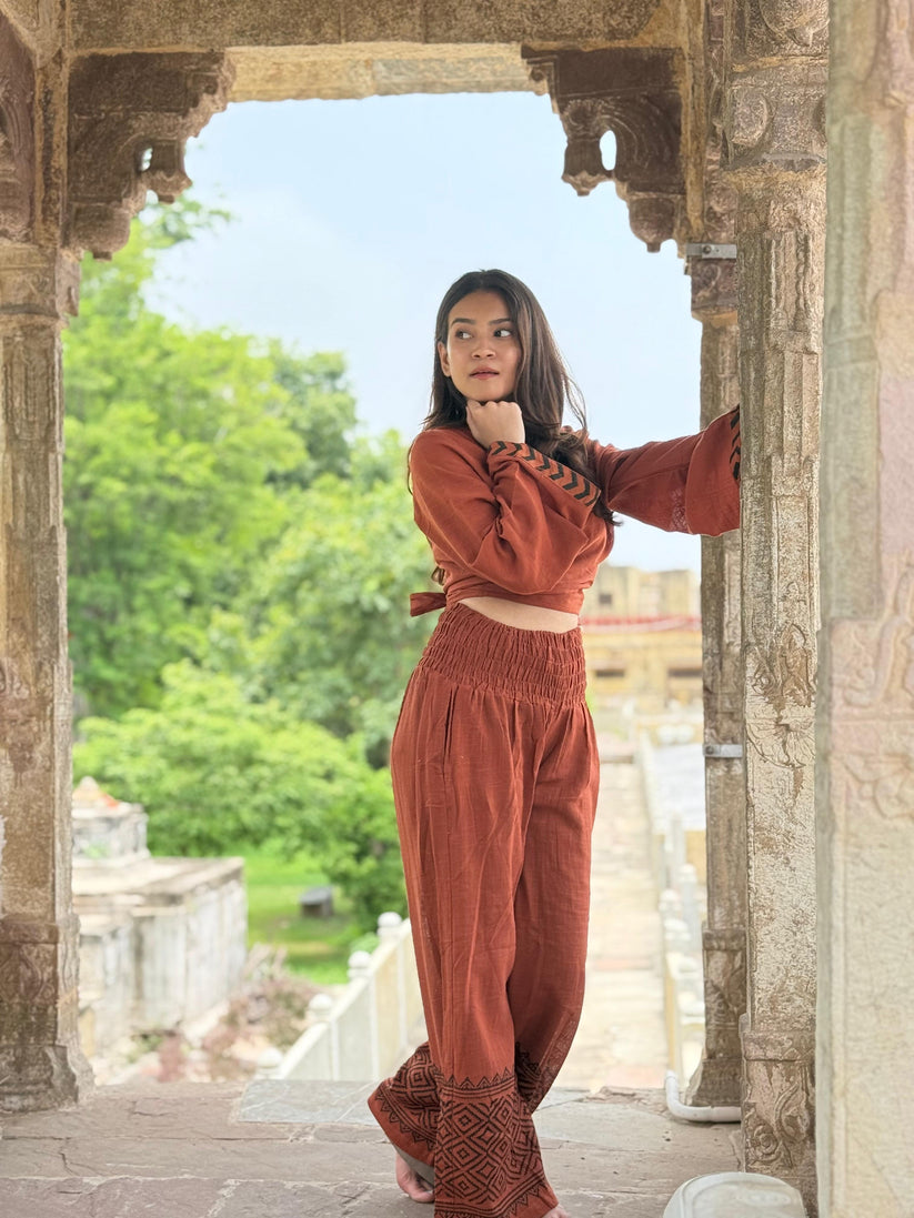 Rust Co-Ord Set with Hand Block Print Detailing Summer Wear