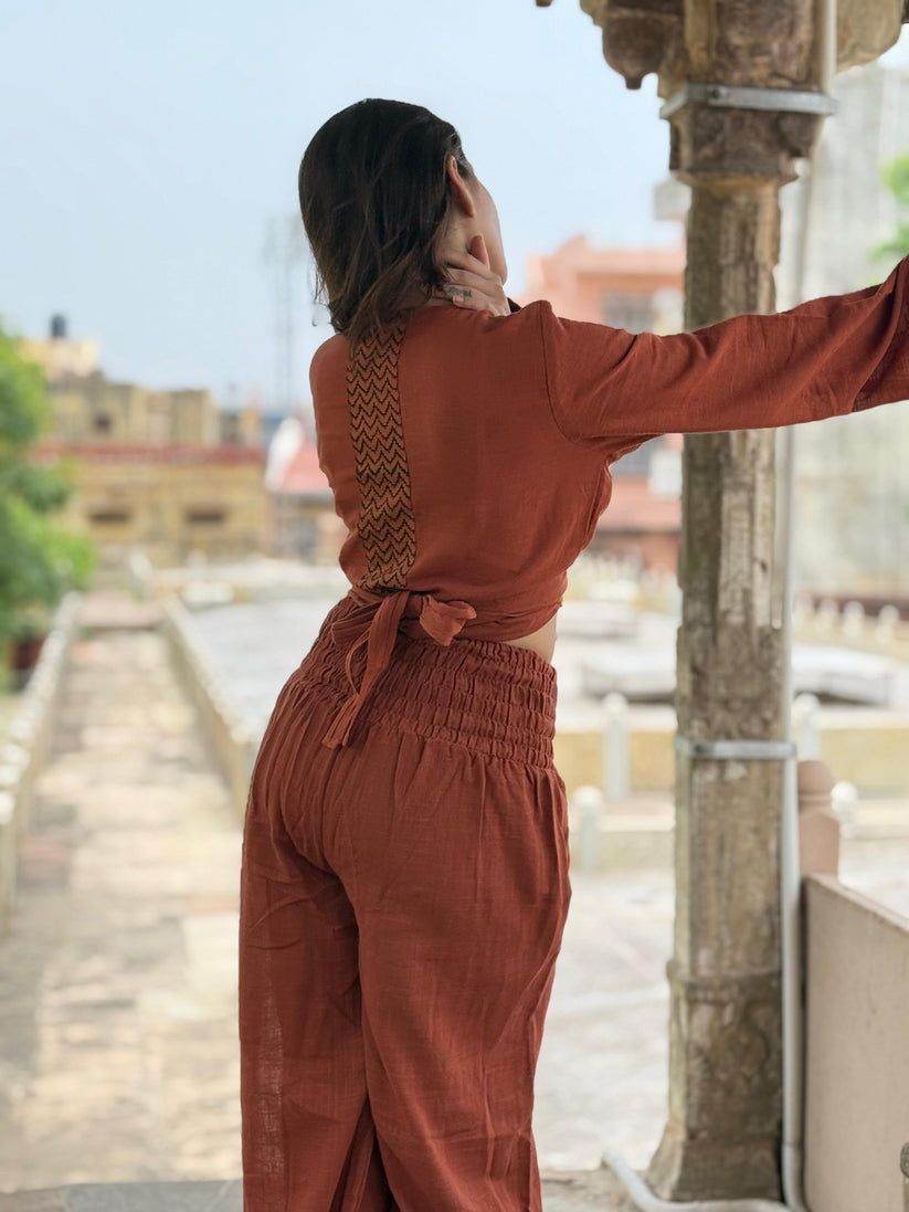 Rust Co-Ord Set with Hand Block Print Detailing Summer Wear - Image 3