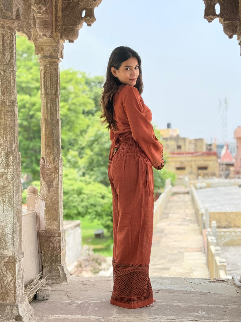 Rust Co-Ord Set with Hand Block Print Detailing Summer Wear - Image 2