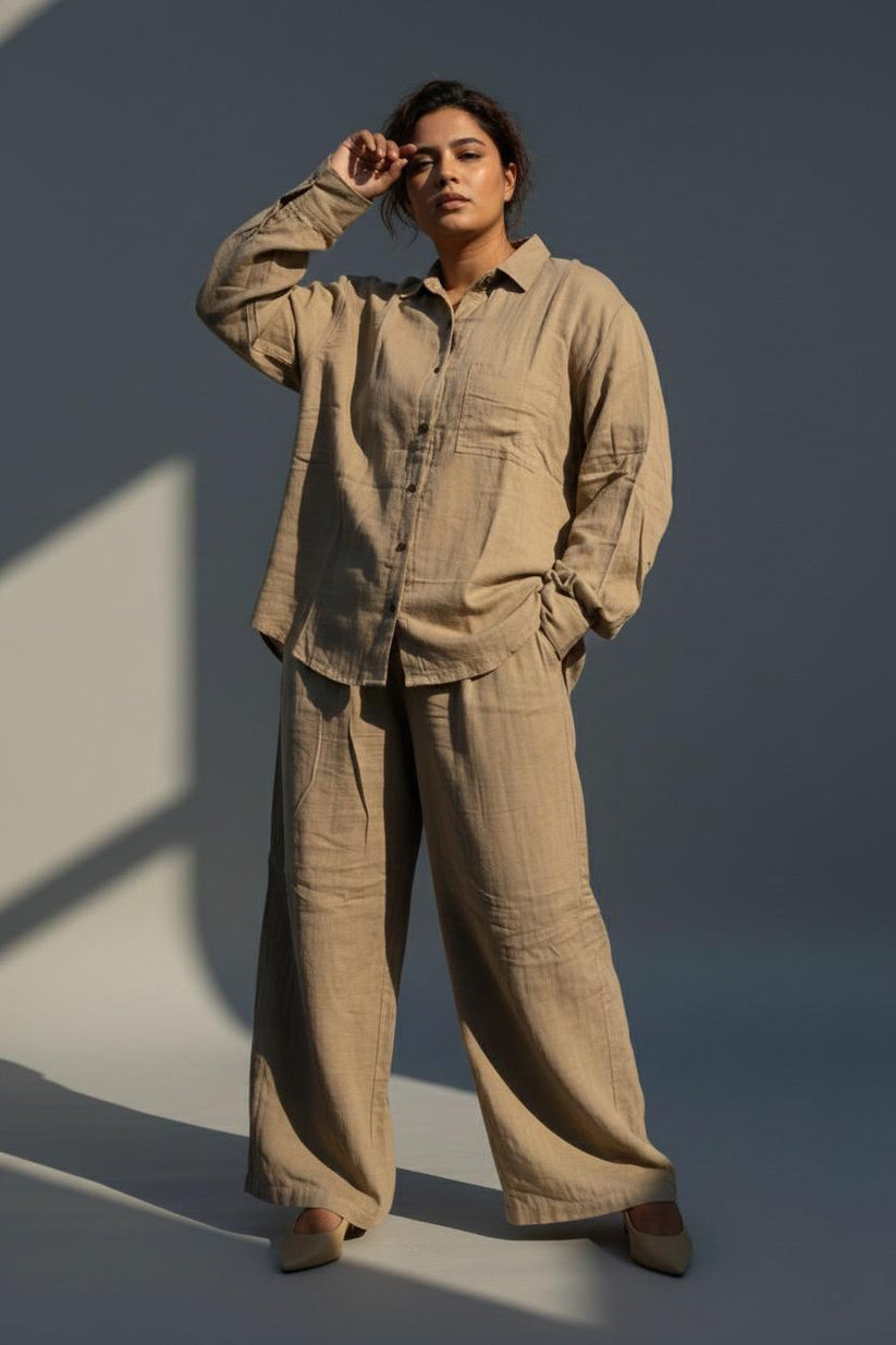 Warm Sand Double Gauze Cotton Co-Ord Set (Free Size)