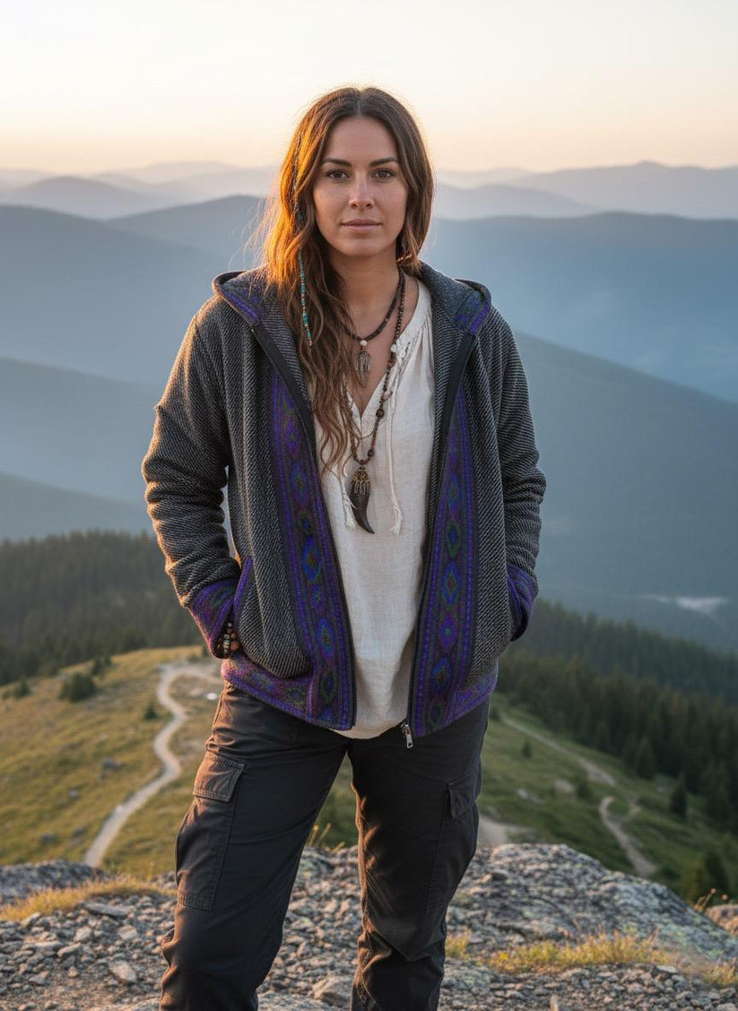 Boho Embroidered Cotton Jacket | Handmade Winter Wear | Charcoal Grey - Image 3