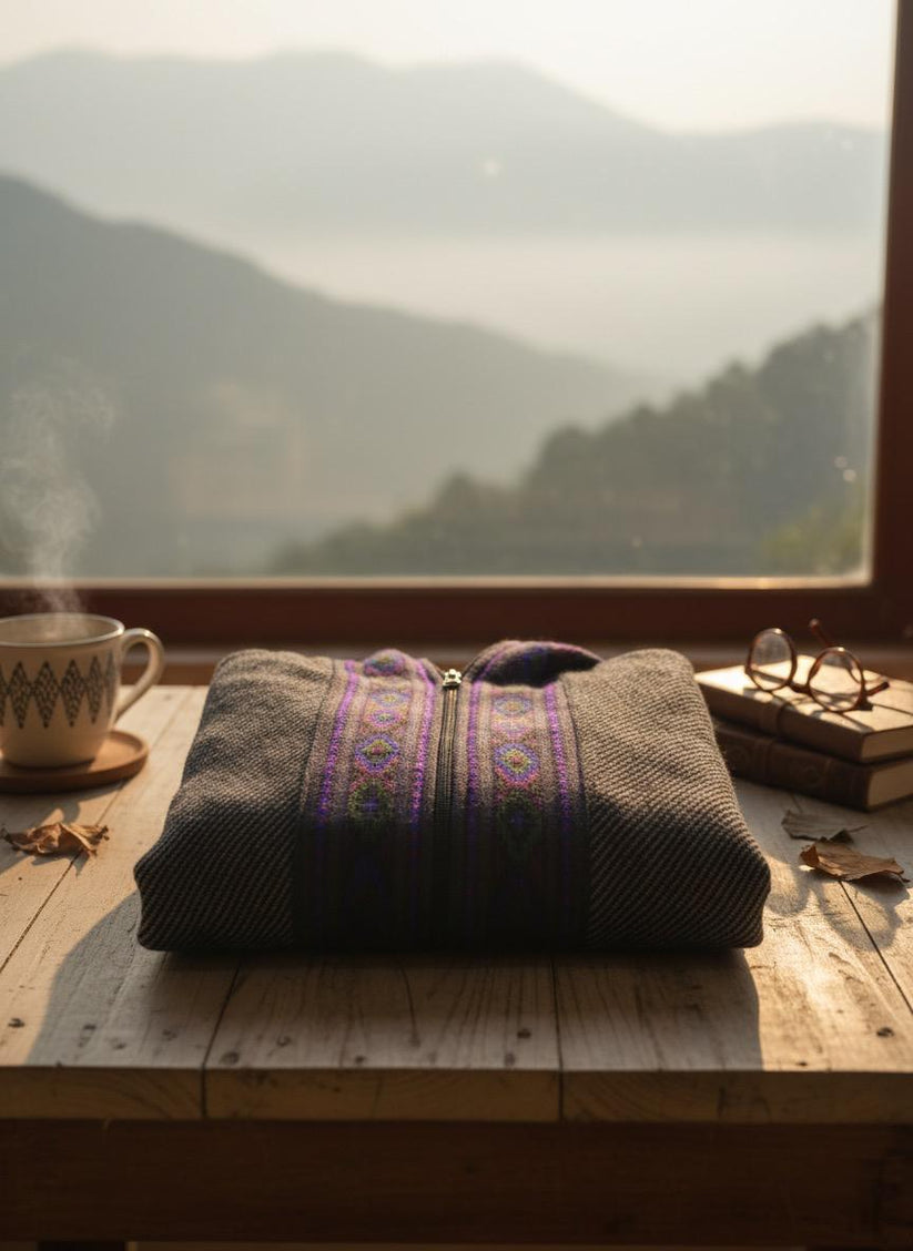 Boho Embroidered Cotton Jacket | Handmade Winter Wear | Charcoal Grey - Image 2