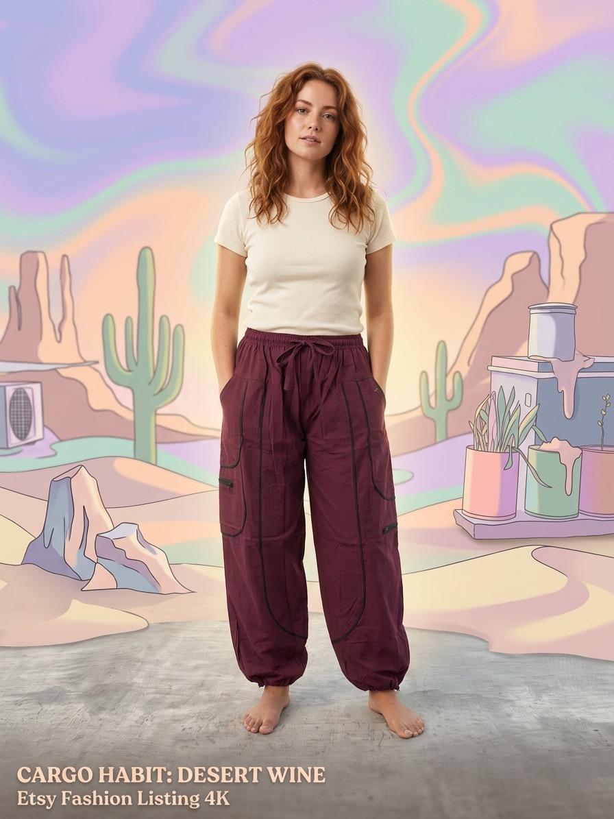 Burgundy Wine Unisex Relaxed Utility Balloon Cargo Pants | Cotton Cargo Bottoms | Oversized Comfortable Lounge Pants