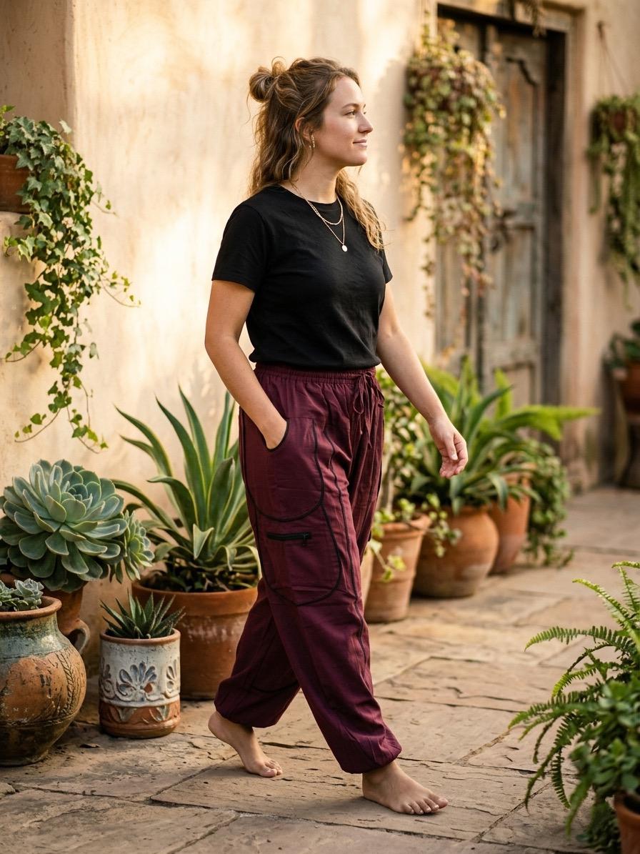 Burgundy Wine Unisex Relaxed Utility Balloon Cargo Pants | Cotton Cargo Bottoms | Oversized Comfortable Lounge Pants - Image 3