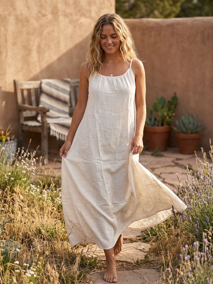 Ivory White Linen Cotton Maxi Dress | Boho Flowy Summer Dress | Loose Comfortable Maxi Dress