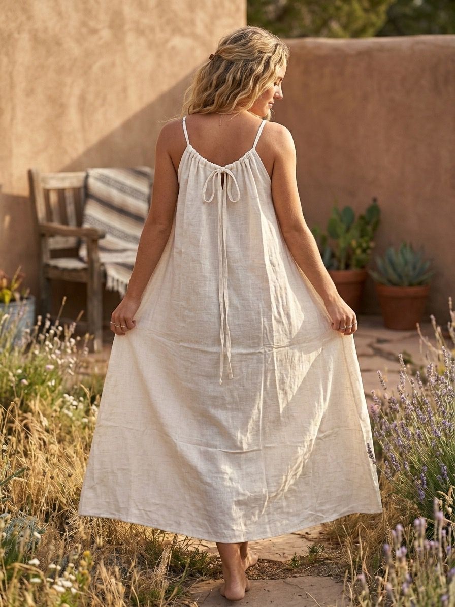Ivory White Linen Cotton Maxi Dress | Boho Flowy Summer Dress | Loose Comfortable Maxi Dress - Image 3