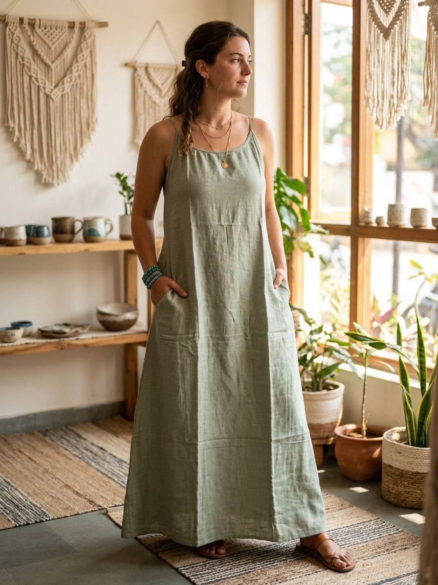 Sage Green Linen Cotton Maxi Dress | Boho Flowy Summer Dress | Loose Comfortable Maxi Dress
