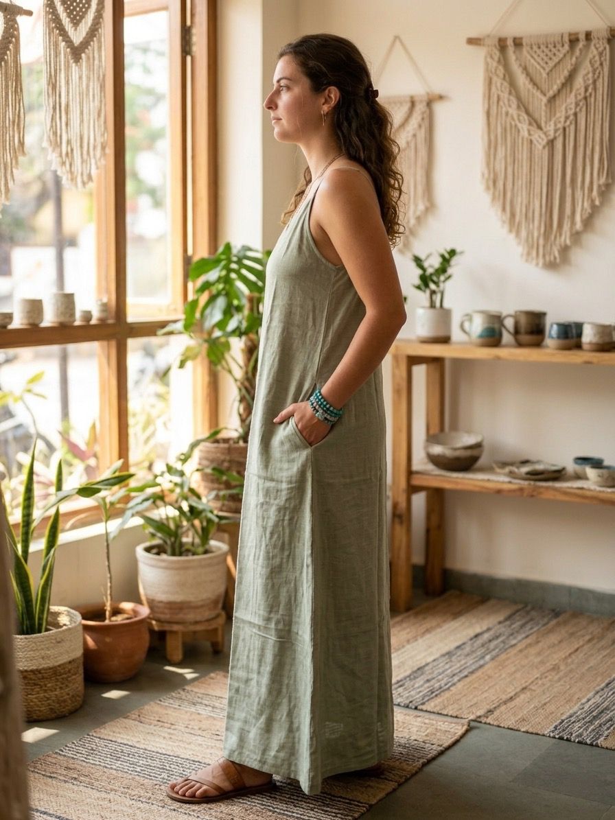 Sage Green Linen Cotton Maxi Dress | Boho Flowy Summer Dress | Loose Comfortable Maxi Dress - Image 3