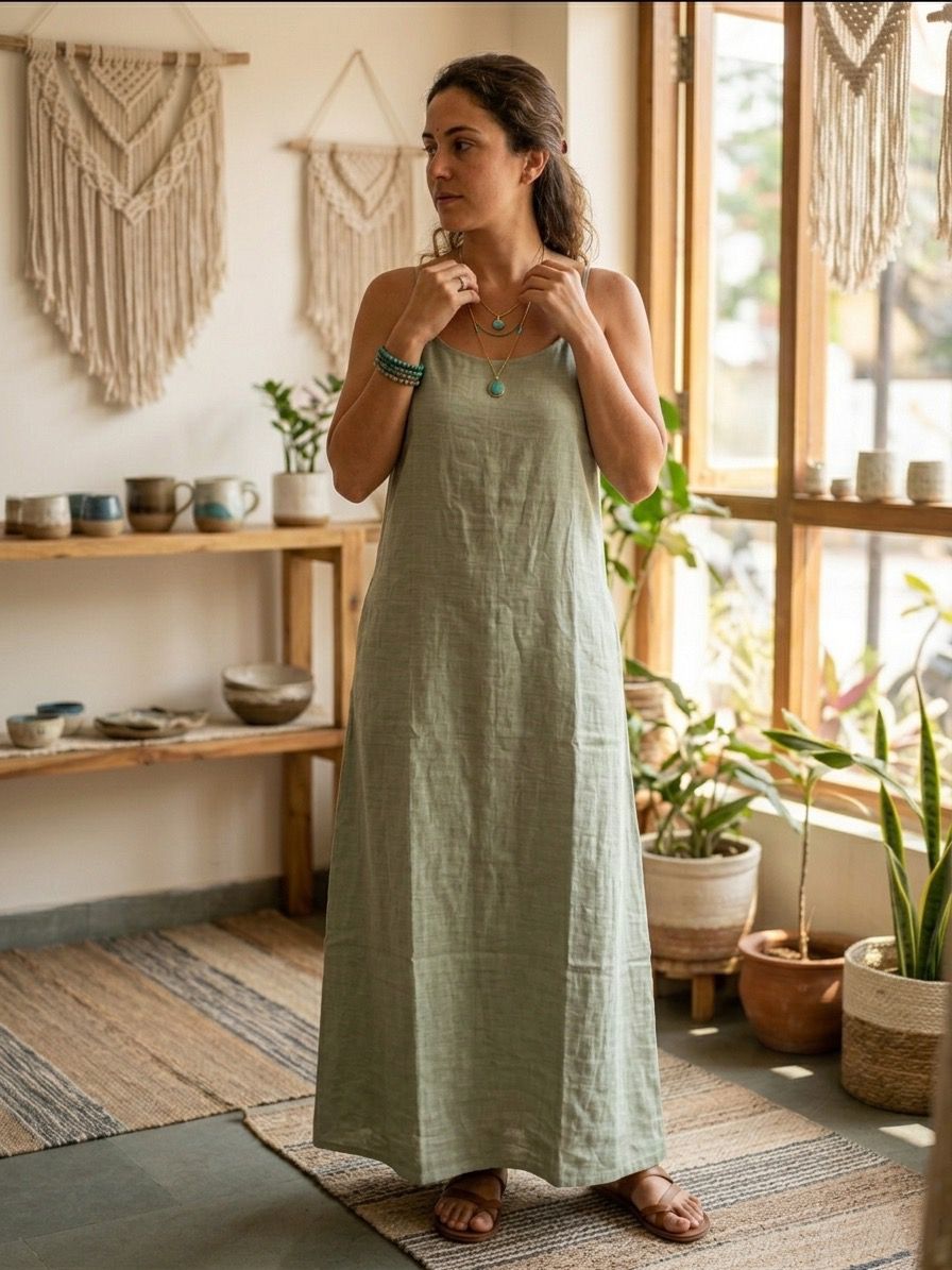 Sage Green Linen Cotton Maxi Dress | Boho Flowy Summer Dress | Loose Comfortable Maxi Dress - Image 4
