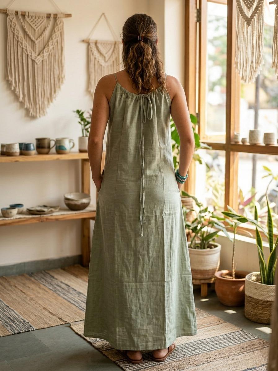 Sage Green Linen Cotton Maxi Dress | Boho Flowy Summer Dress | Loose Comfortable Maxi Dress - Image 5