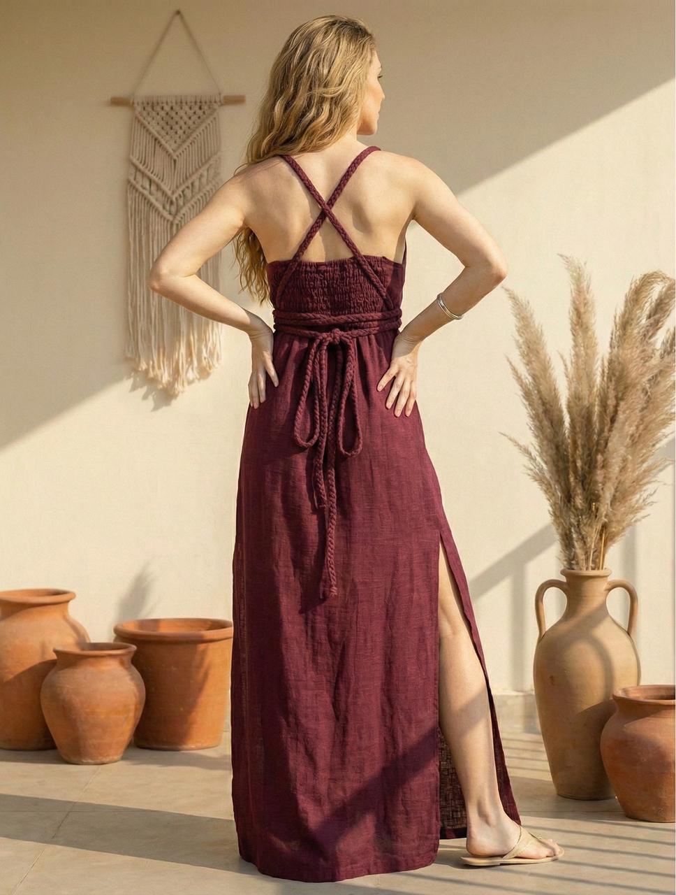 Wine Maroon | Macramé Inspired Braided Belt Long Dress | Boho Rope Dress - Image 4
