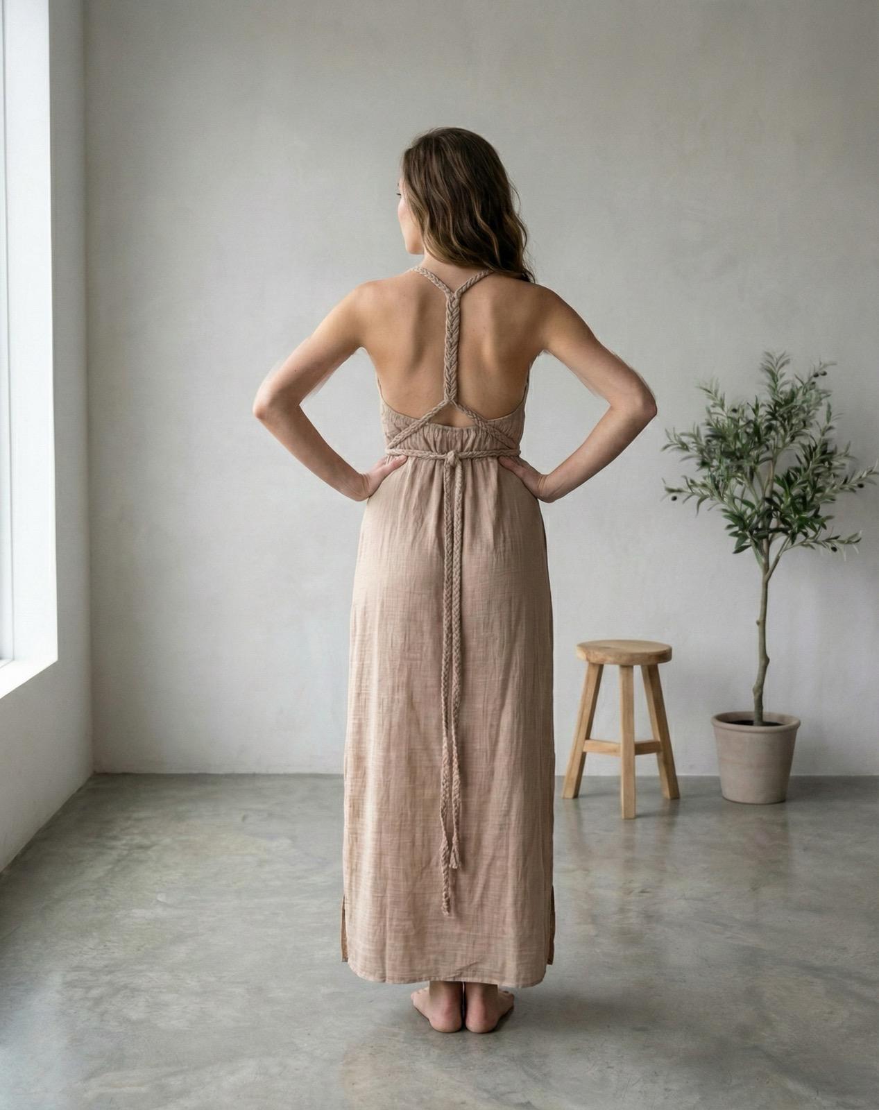 Dark Beige | Macramé Inspired Braided Belt Long Dress | Boho Rope Dress - Image 3