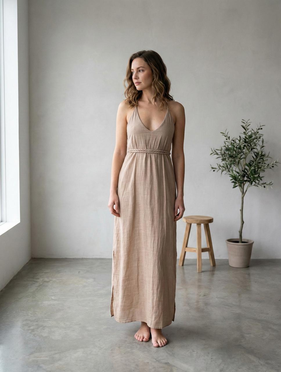 Dark Beige | Macramé Inspired Braided Belt Long Dress | Boho Rope Dress