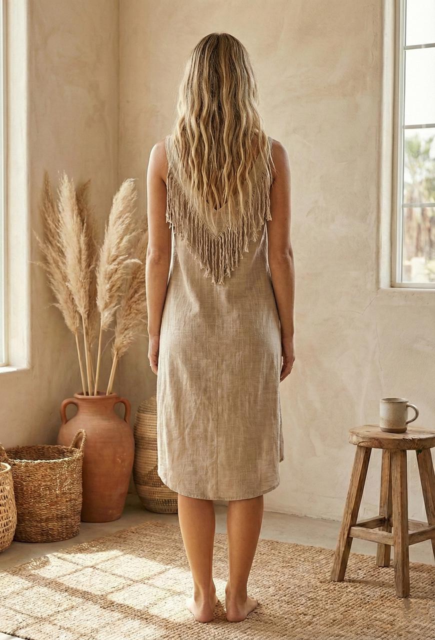 Sand Beige | Boho Fringe Linen Midi Dress | Relaxed Fit Summer Dress - Image 2