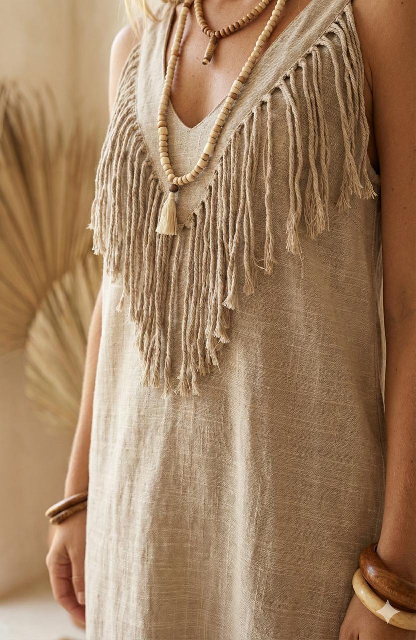 Sand Beige | Boho Fringe Linen Midi Dress | Relaxed Fit Summer Dress - Image 3