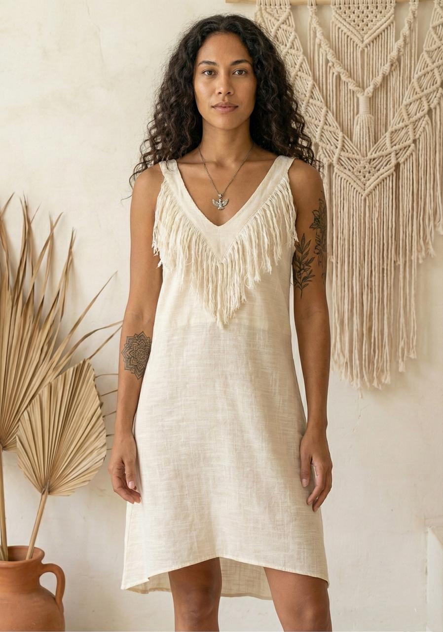 Ivory White | Boho Fringe Linen Midi Dress | Relaxed Fit Summer Dress