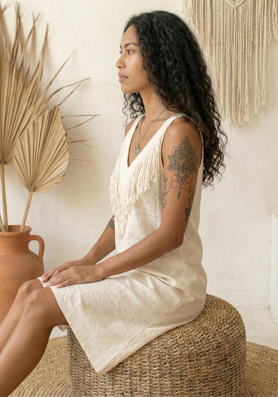 Ivory White | Boho Fringe Linen Midi Dress | Relaxed Fit Summer Dress - Image 4