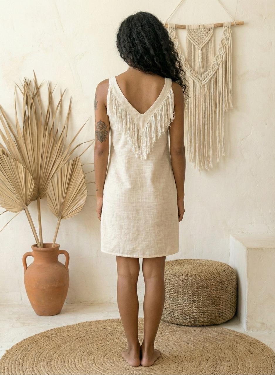 Ivory White | Boho Fringe Linen Midi Dress | Relaxed Fit Summer Dress - Image 5